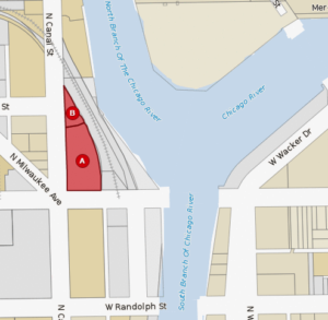 location of River Point parcels at the confluence of the three branches of the Chicago river