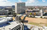 aerial landscape view of the rail going into the central business district of Las Colinas in Irving, Texas