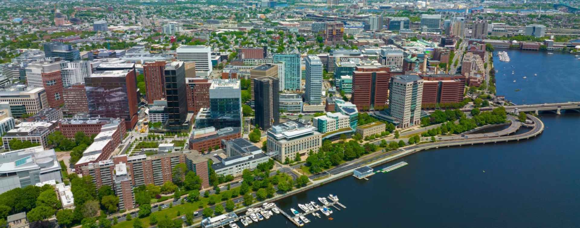 panoramic view of office properties along the Cambridge waterfront in Boston MA