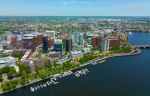 panoramic view of office properties along the Cambridge waterfront in Boston MA