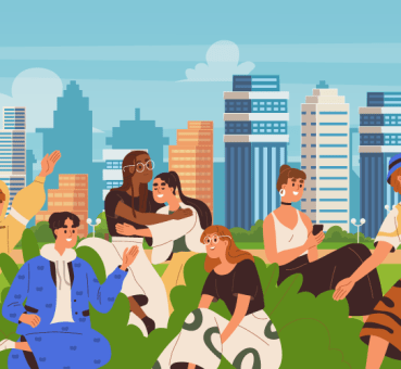 Vector art of several Generation Z members spending time together