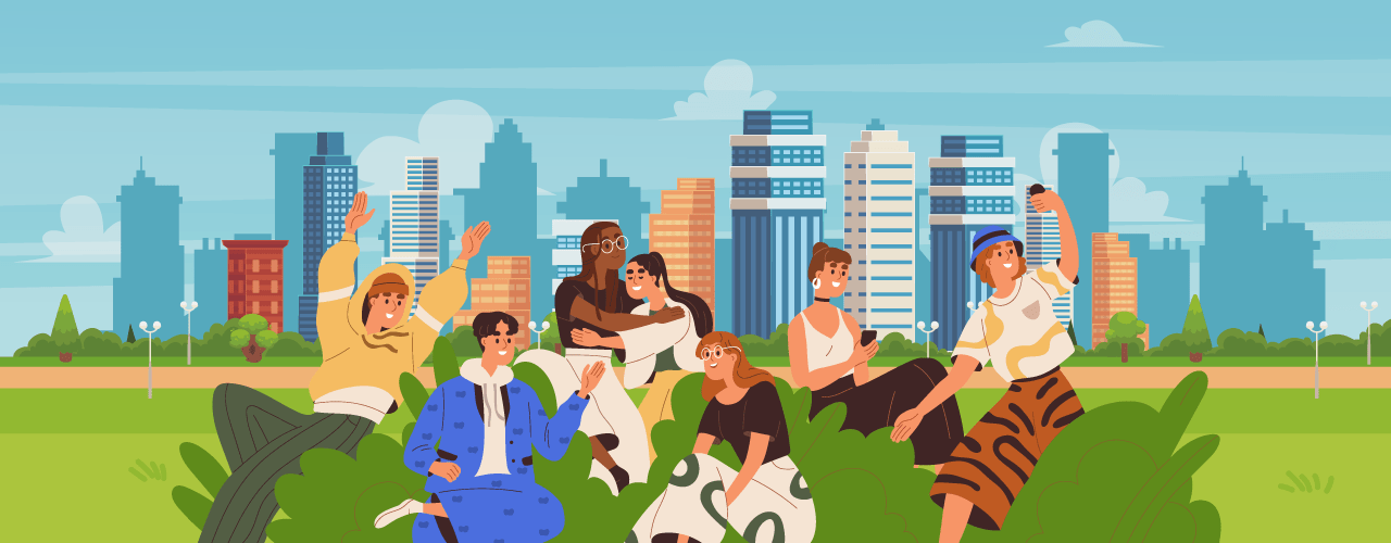 Vector art of several Generation Z members spending time together