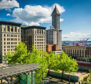 Seattle office buildings around Pioneer Square. From left to right: the King County courthouse building, 515 3rd Avenue, the Smith Tower, 607 3rd Avenue, The St. Charles Hotel building (aka Hotel Rector), and the Alaska Building on the right in the background