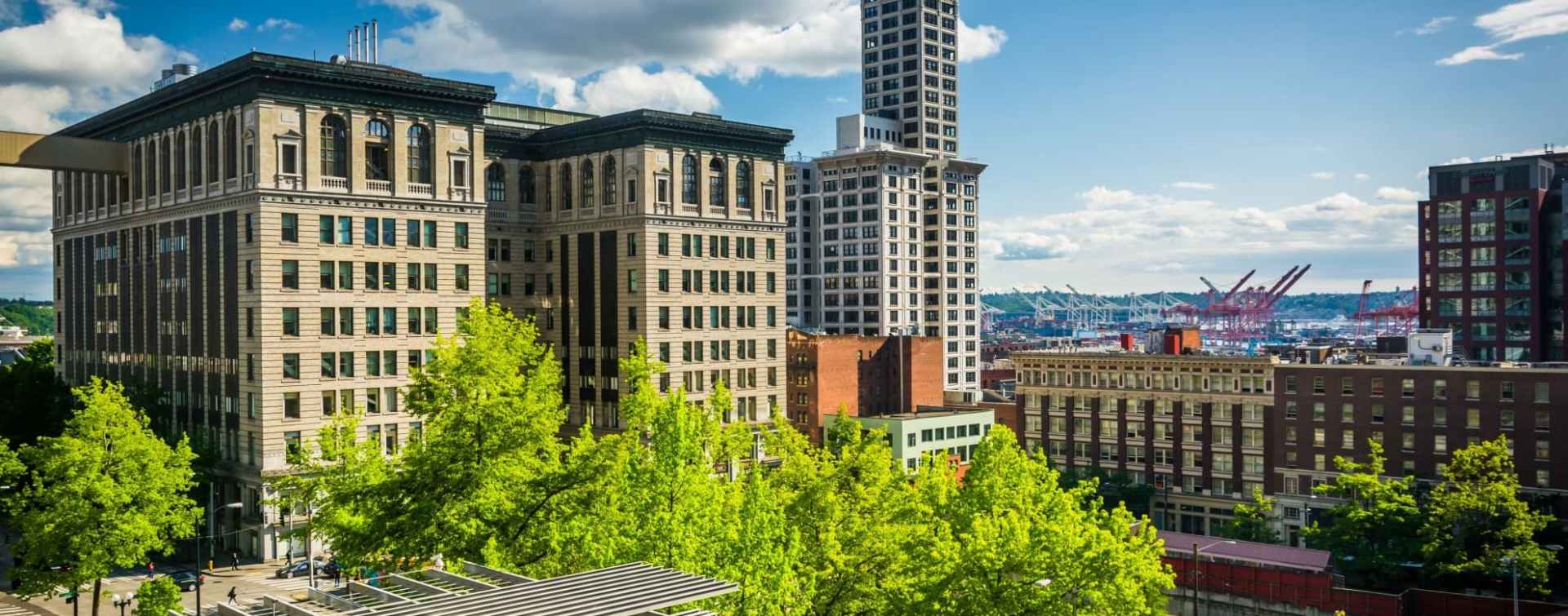 Seattle office buildings around Pioneer Square. From left to right: the King County courthouse building, 515 3rd Avenue, the Smith Tower, 607 3rd Avenue, The St. Charles Hotel building (aka Hotel Rector), and the Alaska Building on the right in the background