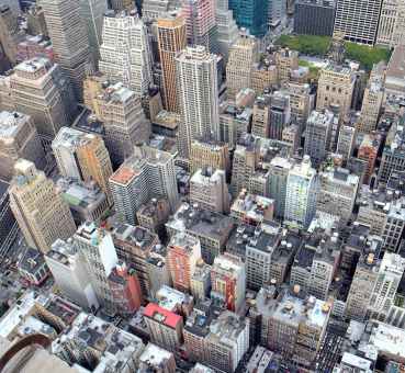 aerial view of midton manhattan office space buildings between herald square and Bryant park