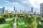 aerial panoramic view of chicago lakefront and central business district office towers as seen from above millennium park green space