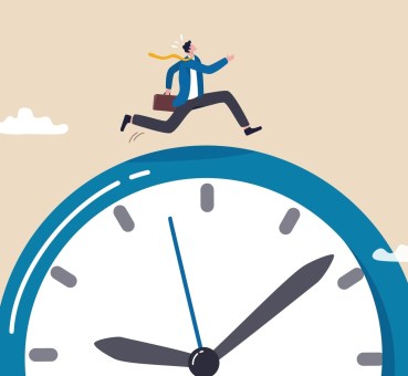 drawn illustration of a person dressed in suit and jacket, carrying briefcase, running stressed against time, atop a clock that appears to be in the clouds against a tan sky