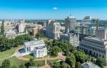 aerial panoramic drone view of commercial real estate buildings in richmond virginia central business district