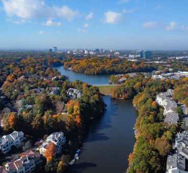 aerial panoramic view of potomac river in washington dc metropolitan suburb area of fairfax county