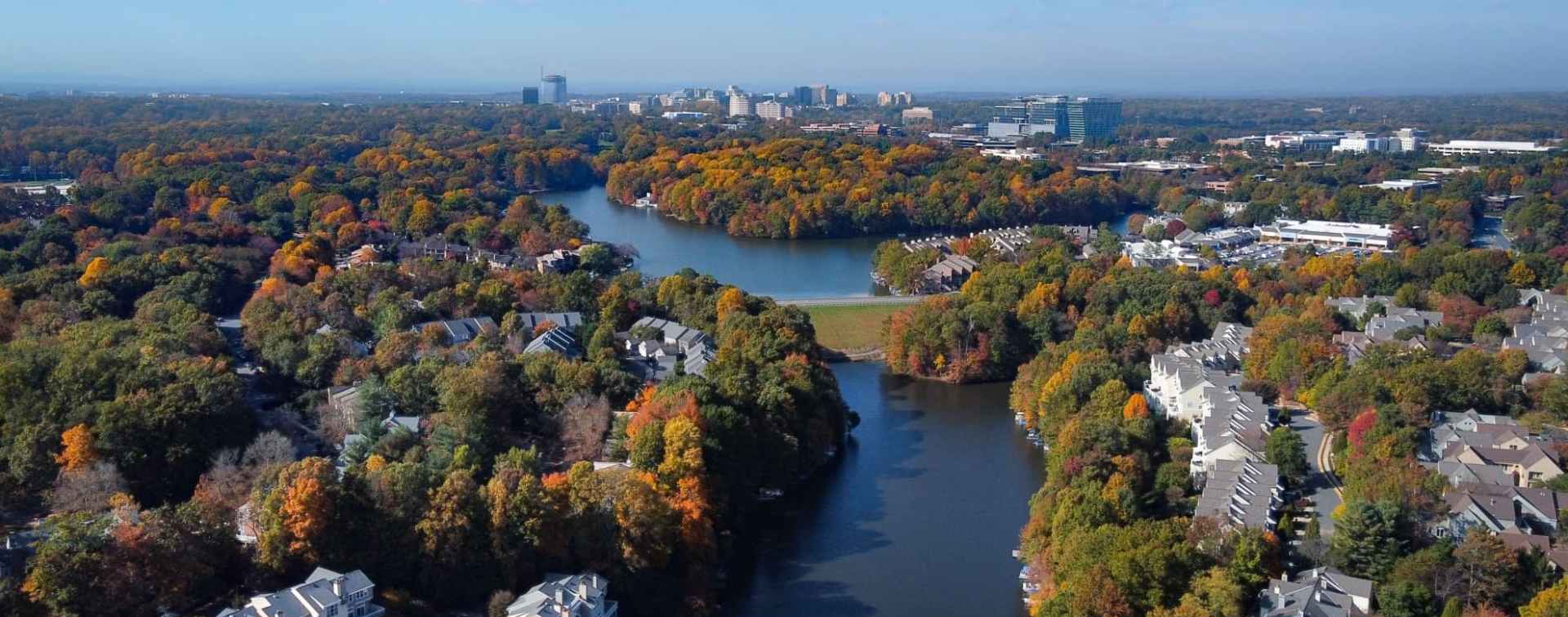 aerial panoramic view of potomac river in washington dc metropolitan suburb area of fairfax county