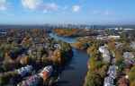 aerial panoramic view of potomac river in washington dc metropolitan suburb area of fairfax county