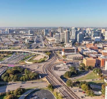 aerial panoramic view of the dallas texas central business district skyline