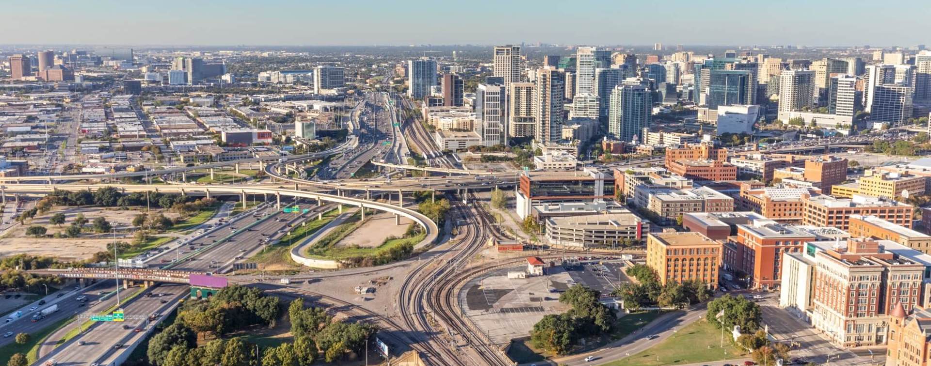 aerial panoramic view of the dallas texas central business district skyline