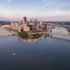 aerial apnoramic view of pittsburgh central business district buildings on island connected by bridges across the river