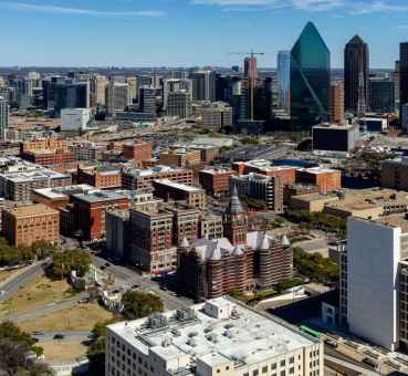 panoramic view of the West End and Dallas central business district skyline