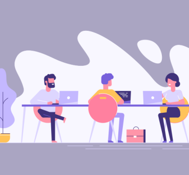 Coworking space with creative people sitting at the table. Business team working together at the big desk using laptops. Flat design style vector illustration.